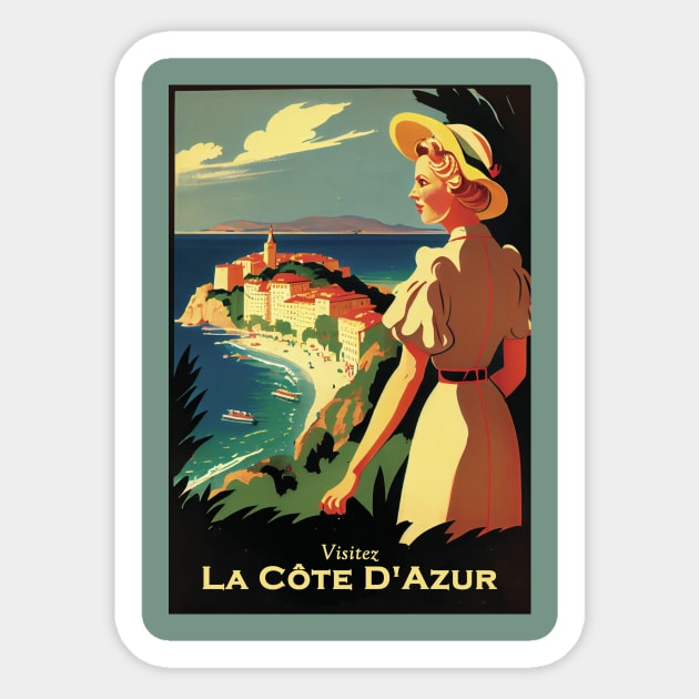 Cote D'Azur Vintage Travel Poster Sticker by GreenMary Design